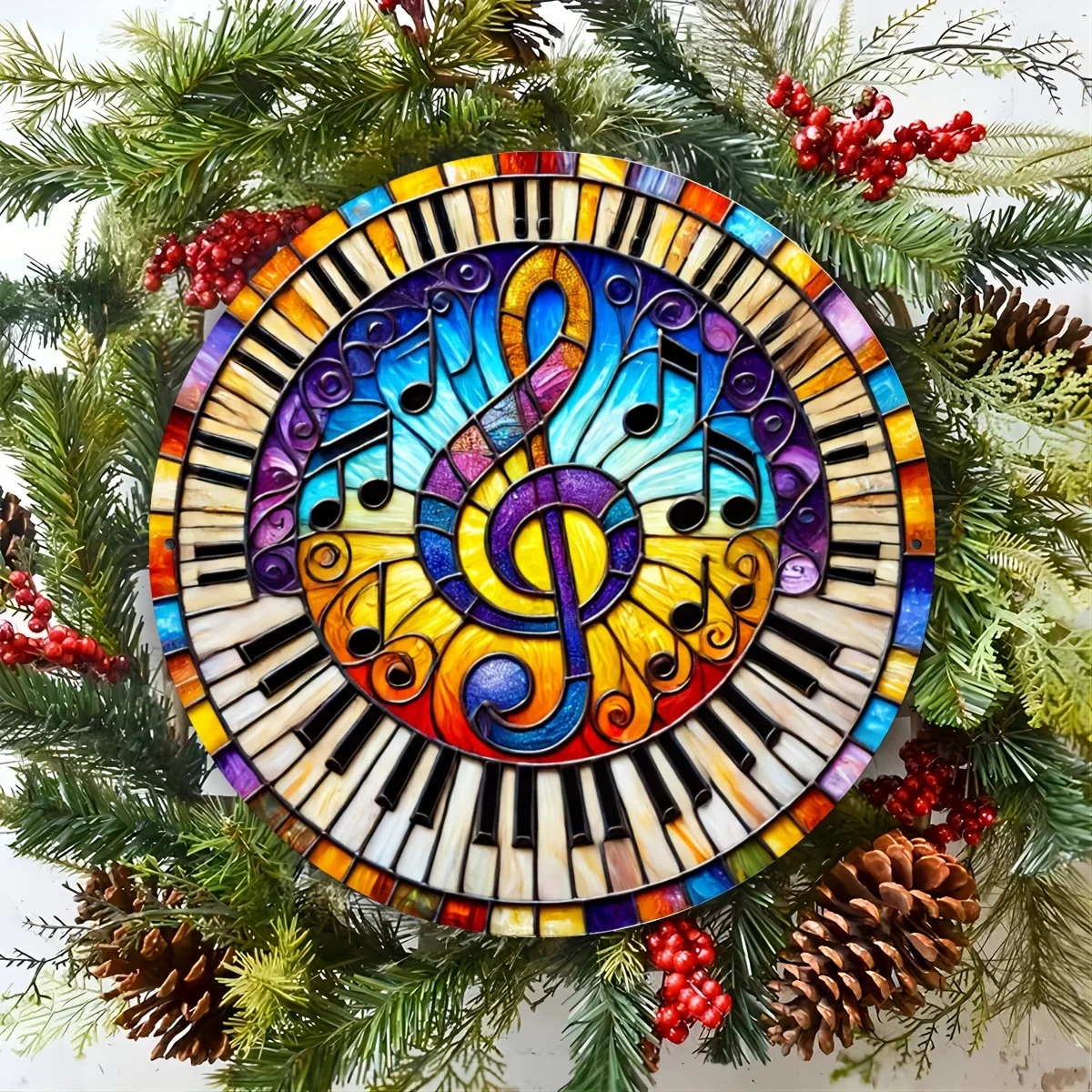Retro 2D Piano Keys & Notes Metal Wall Art - 8x8in Colorful Iron Wreath Sign with Pre-Drilled Hangers for Farmhouse Porch Bedroo