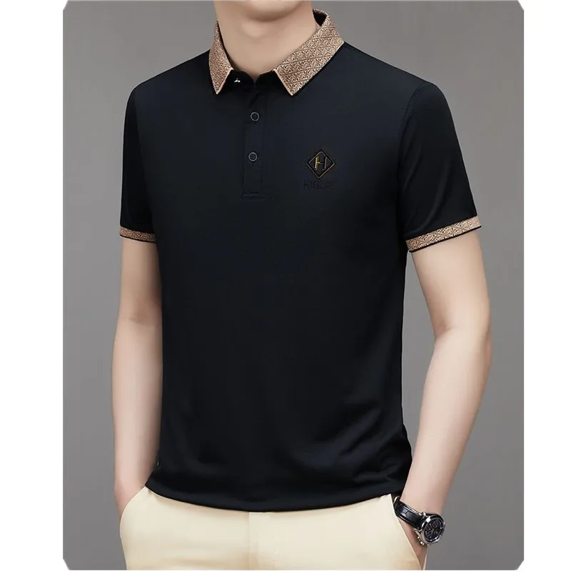 

High-end Mulberry Silk Men's Short Sleeved T-shirt 2025 Summer Casual Lapel Polo Shirt Elastic Luxurious Men Top D0290