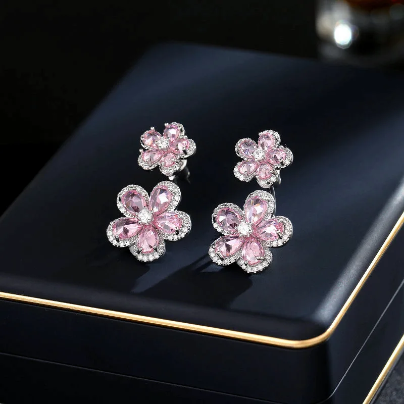 FXLRY Elegant s925 Silver Needle Inlaid Zircon Flower Rear Hanging Earrings For Women Wedding Bridal Jewelry