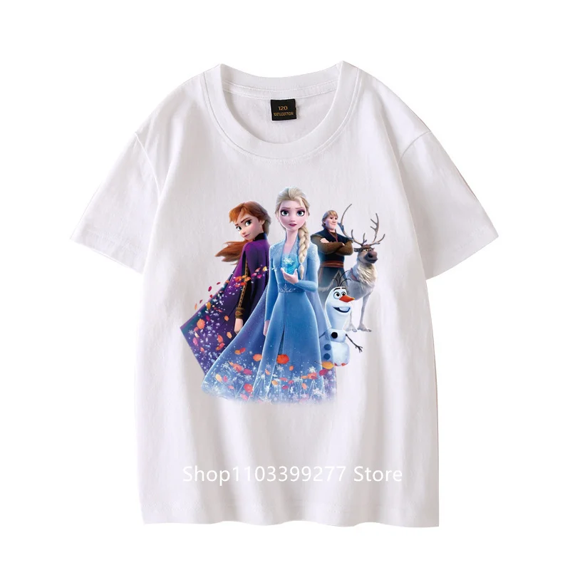 100% Cotton T-Shirt Cartoon Anime Frozen Elsa Summer Kids Casual Sweat Breathable Short Round Neck Child Short Sleeve T-Shirt