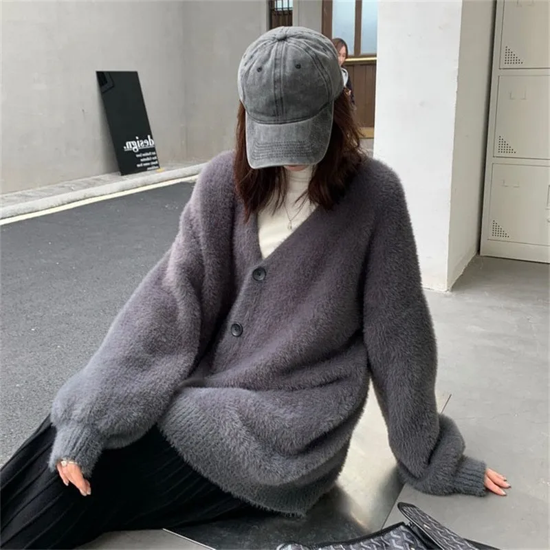 Cardigan women sweater 2026 new fashion solid-color mink V-neck knitted Spring Autumn loose coat sweater clothing