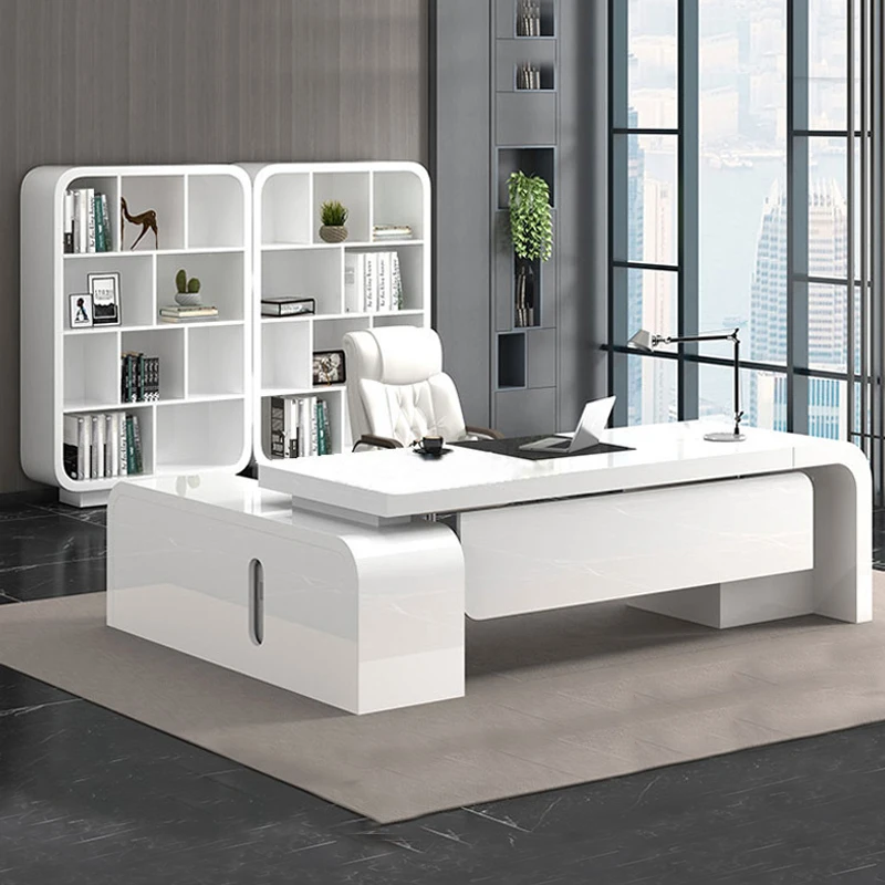 White painted office desk, large desk, minimalist modern creative general manager desk and chair combination