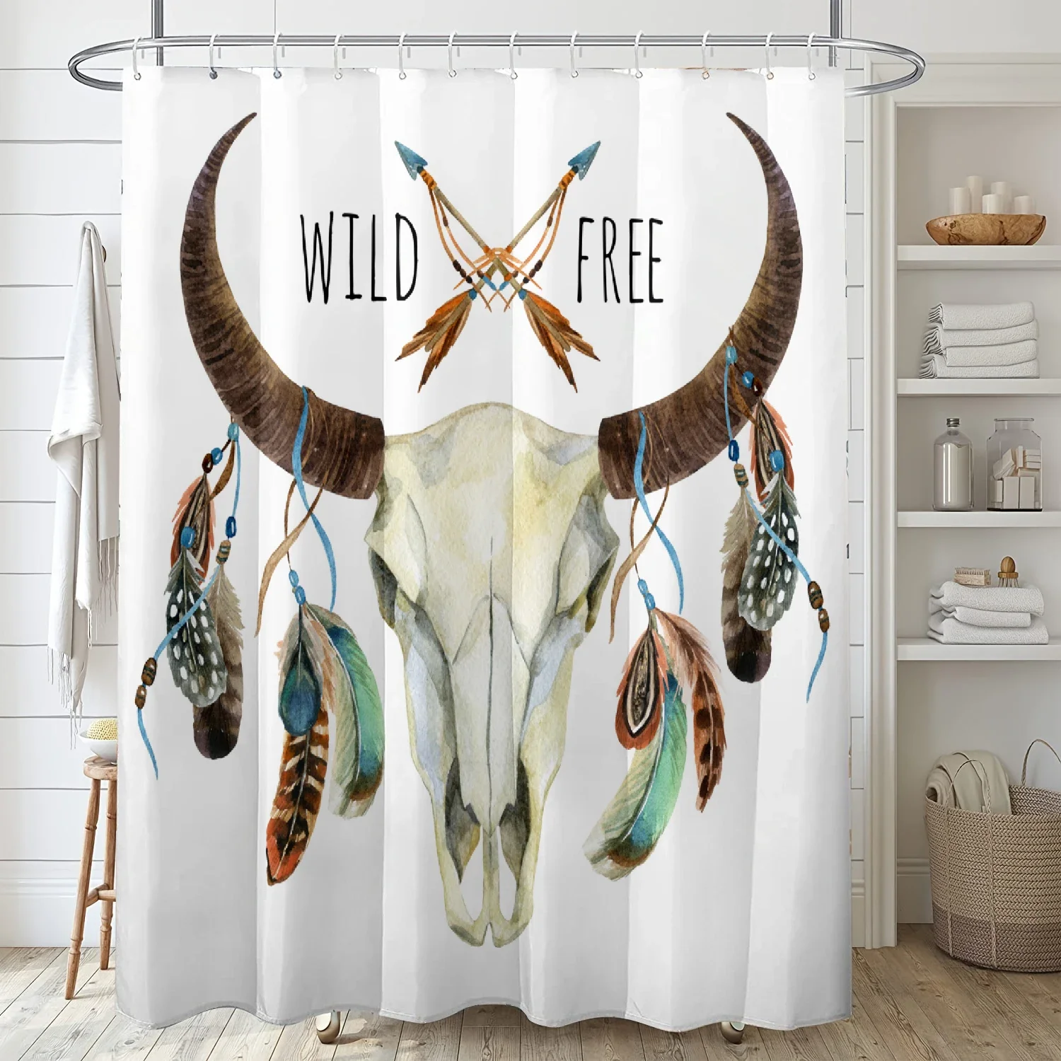 1 set of feather sheep head free style printed shower curtains, summer style, with 12 hooks and bathroom floor mats