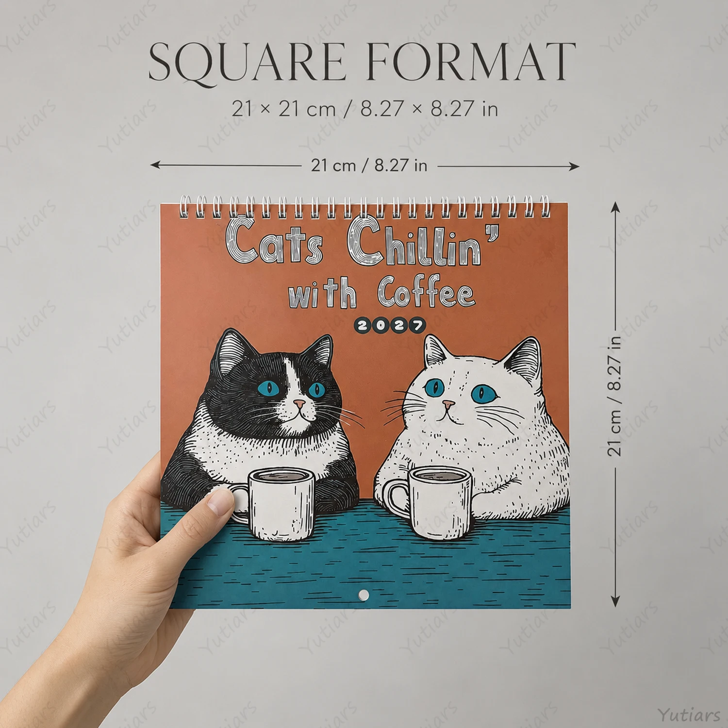 2027 Cat Coffee Wall Calendar, Cute Illustrated Monthly Planner, Square 8.27in Calendar for Home Office Desk Decor Gift Idea