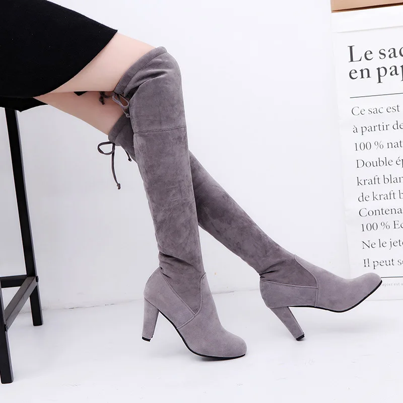 

Fleece warm high-heeled over-the-knee boots for women 2025 winter new style, thick-heeled back lace-up slimming fashion boots
