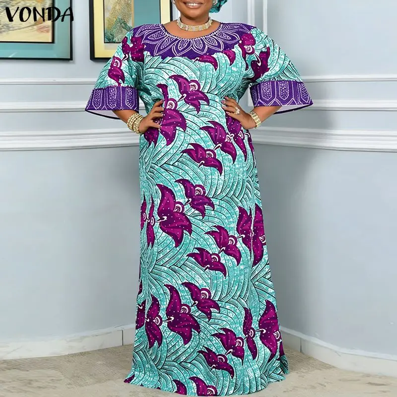 VONDA Plus Size 5XL Bohemian Print Maxi Dresses Fashion Women Vintage Long Vestidos Casual Party Robe 3/4 Sleeve Curve Sundress