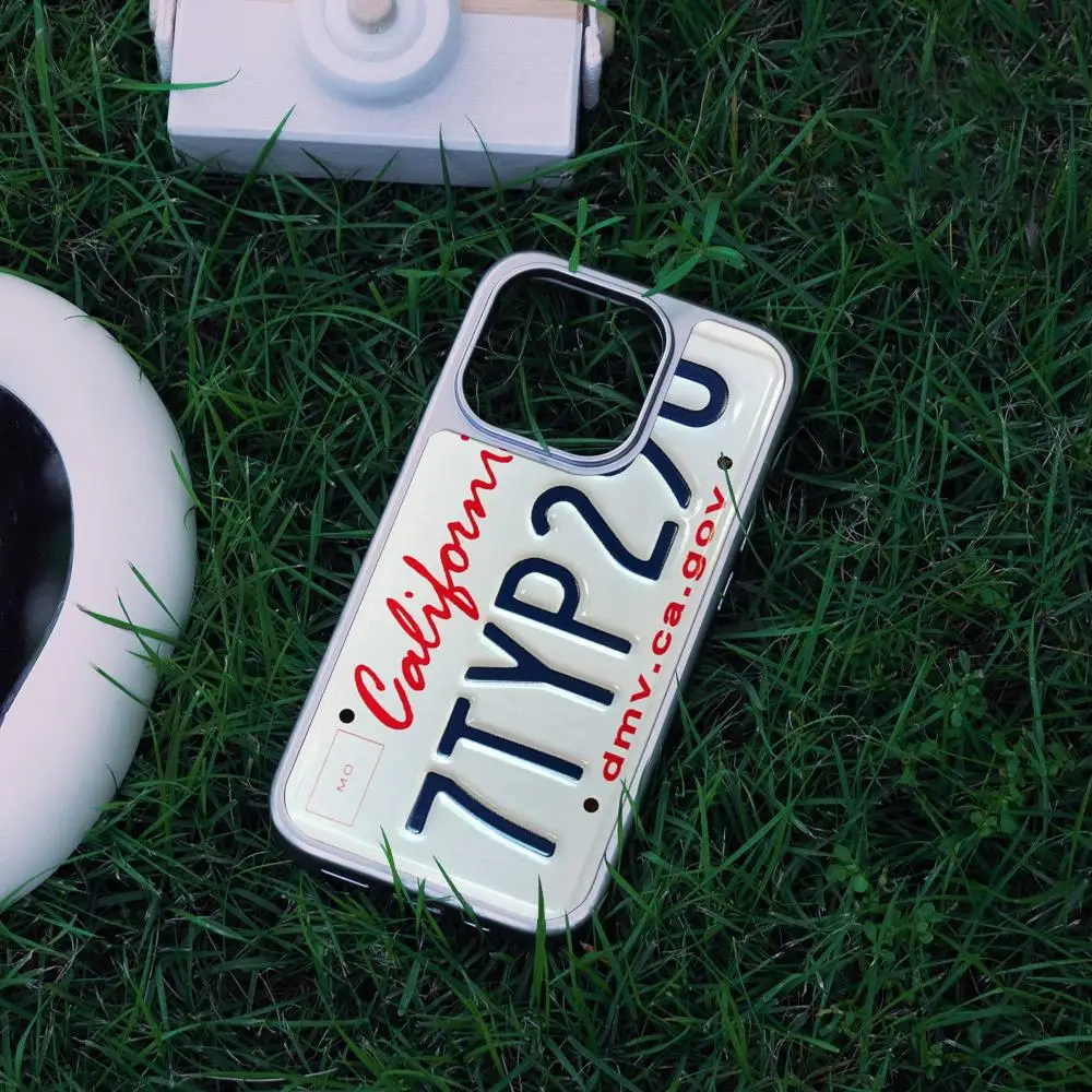 

R-Retro Funny License Plate Number Phone Case For iPhone 17 16 15 14 13 12 Pro Max Plus HD Metal Frame Carbon Fiber Hard Shell