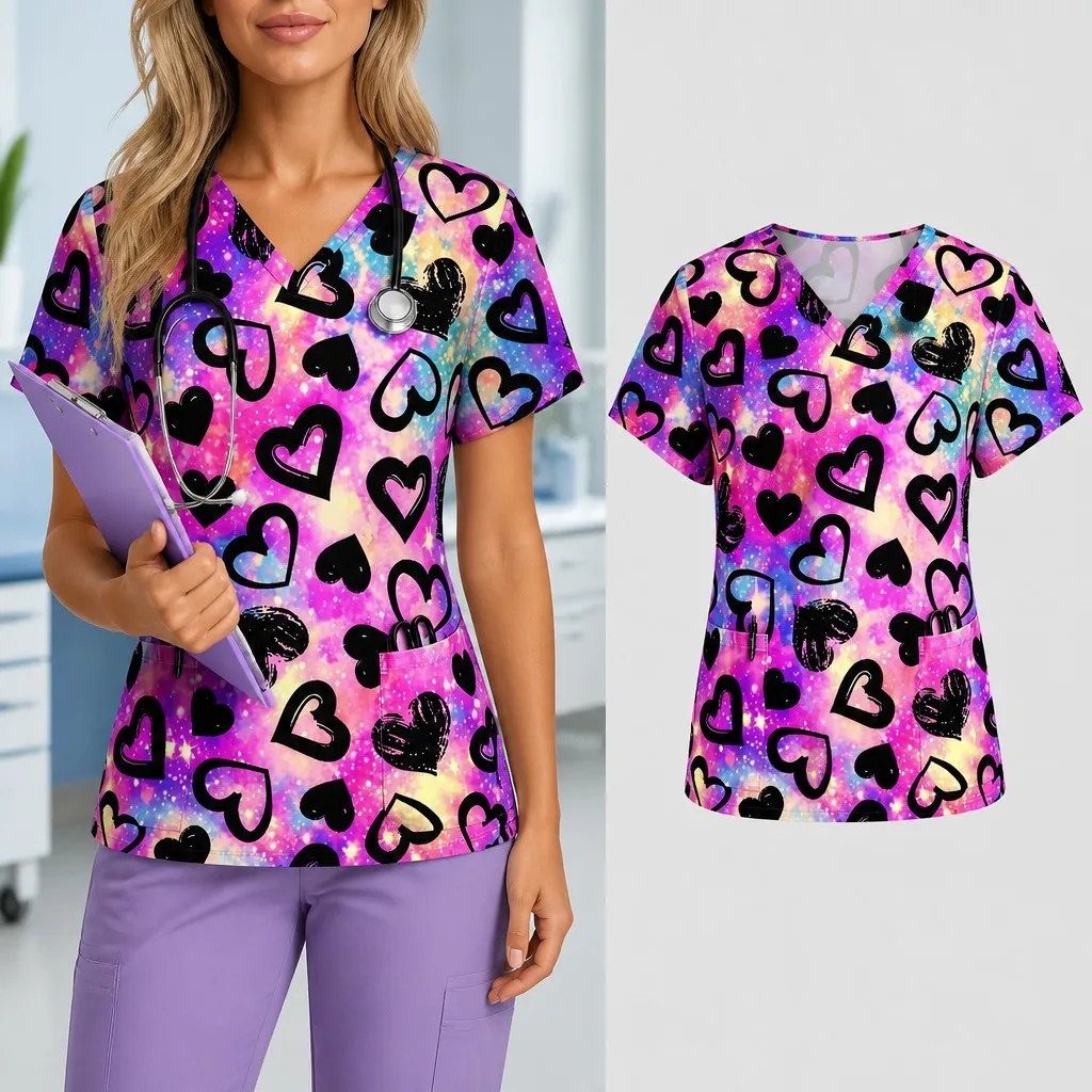 New Cartoon Print Women's Fashion V-Neck Pocket Short Sleeve Medical Care Workwear Casual Dentist Nurse Uniform T-Shirt