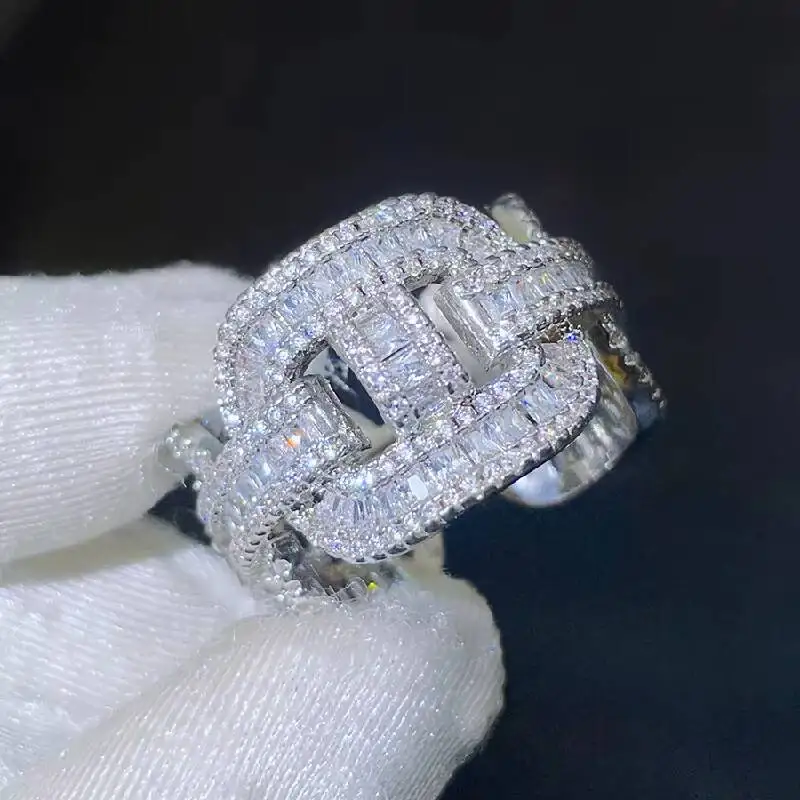925 Sterling Silver Hip Hop Style Fine Jewelry Finger Ring Shiny VVS Moissanite Gold Plated Third Party Certified for Women Men