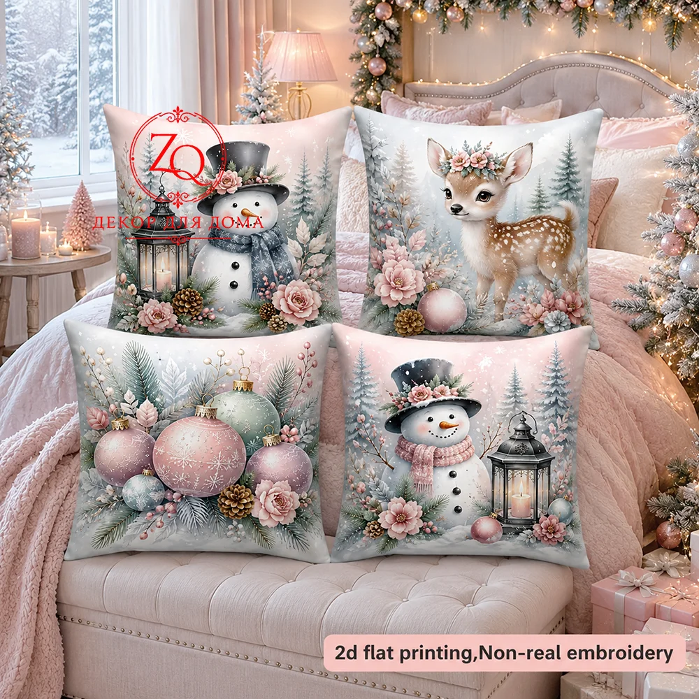 Christmas Pink Snowman Deer Pillow Covers  Peach Skin  Winter Bedroom Sofa Couch Decorative Throw Pillow Cases