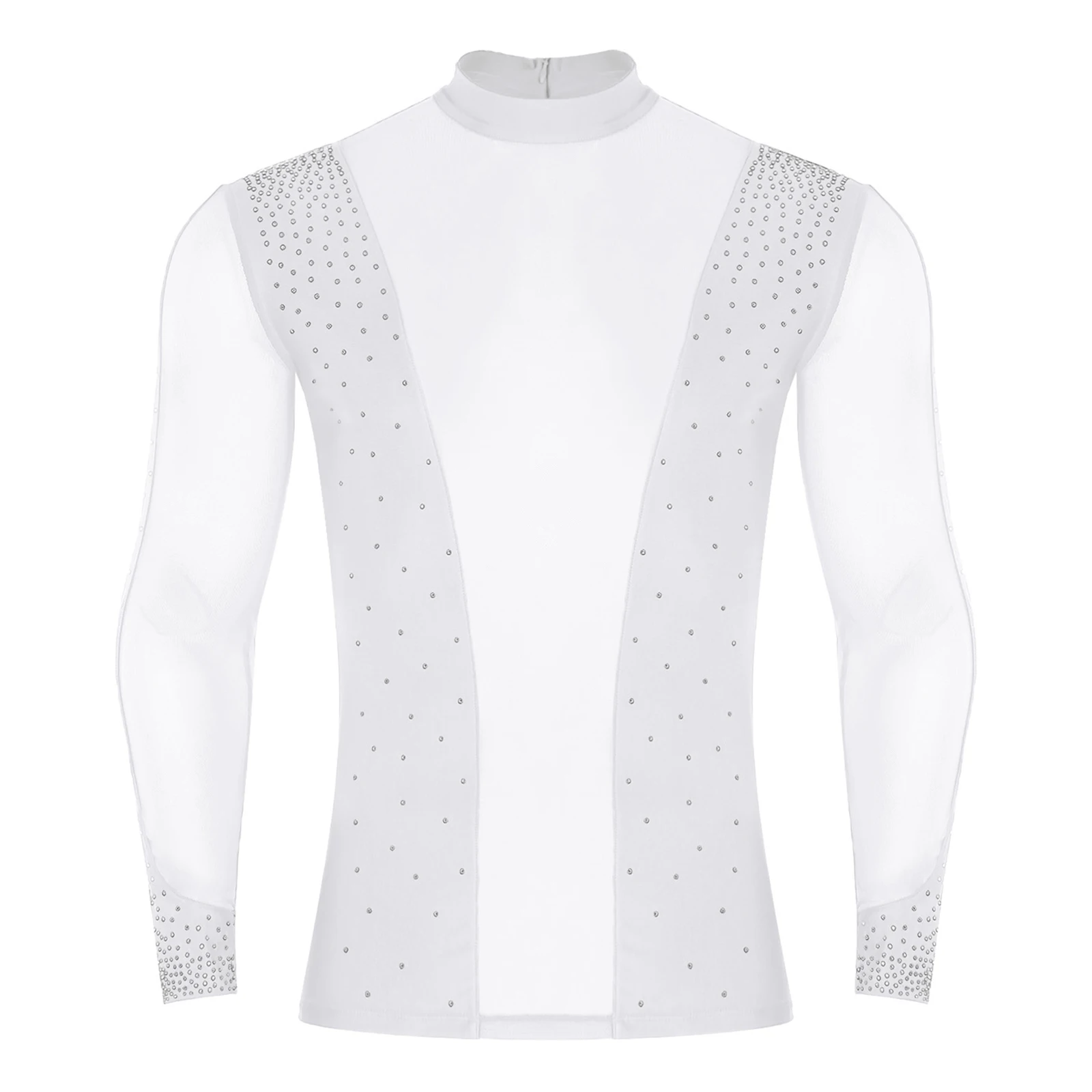 남성용 반짝이는 라틴 댄스 셔츠 시스루 메쉬 긴팔 티셔츠 블라우스 (볼룸, 삼바, 탱고, 차차 무대 공연용)