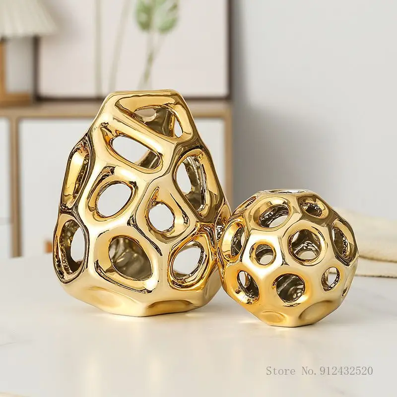 Ceramic Hollow Out Geometric Sphere Vase, Art Home, Living Room, Office, Garden Decoration, Electroplating Floral Ornament, 1Pc