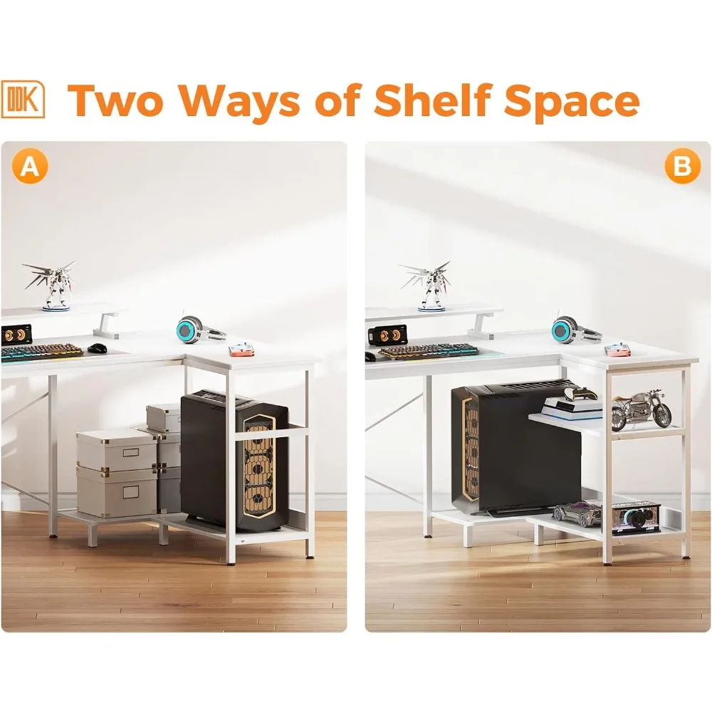 58 Inch Gaming Desk with USB Charging Ports and LED Lights, Reversible L Shaped Computer Desk with Storage Shelves & Monitor