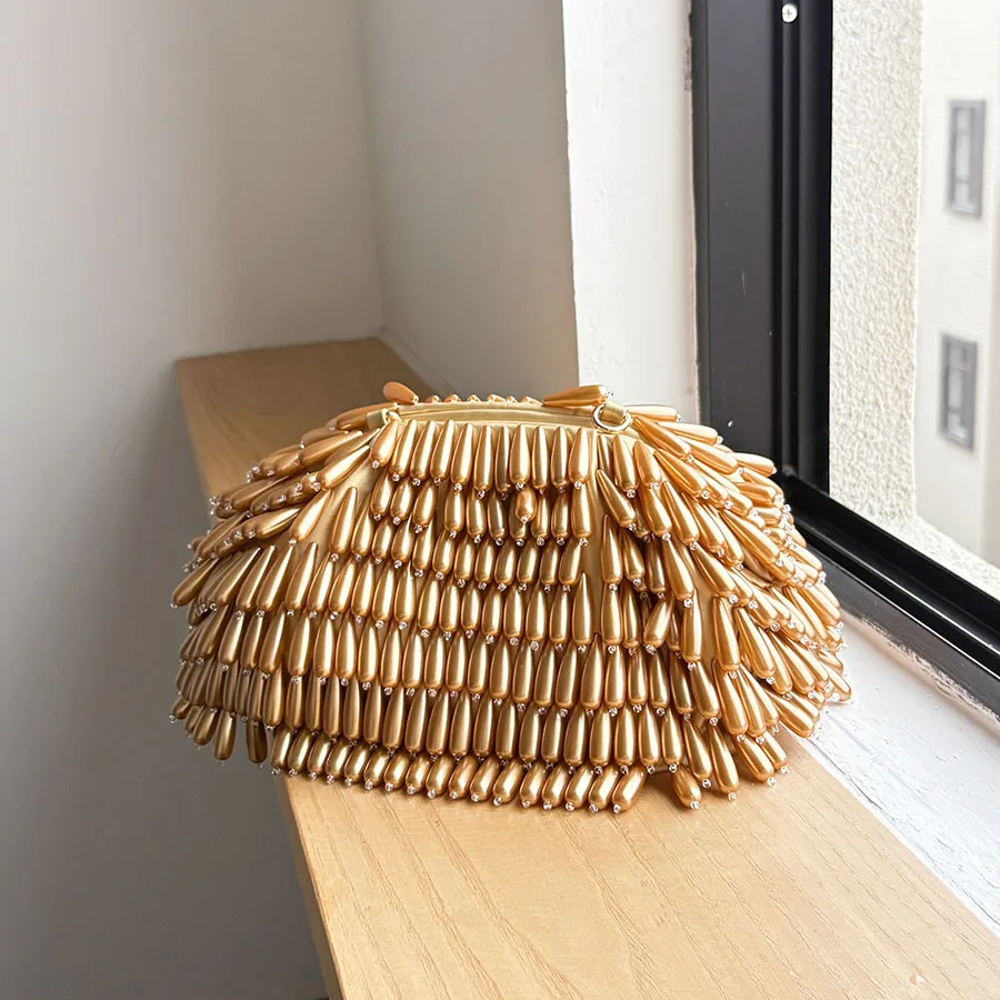 New Casual Handmade Bead Handbag with Metallic Texture Women's Bags Fashionable Niche Design Commuting Handbag Versatile Bag