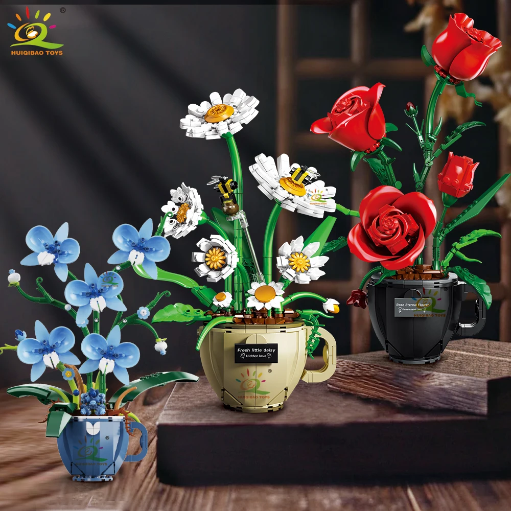 

HUIQIBAO цветок орхидея роза ромашка кофейная чашка в горшке строительные блоки букет MOC кирпичи игрушки DIY домашний стол украшение растения