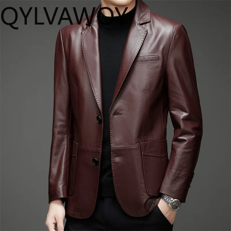 QYLVAWOY 100% Real Cowhide Men Leather Jacket High Quality Genuine Cow Leather Down Coat Fall Winter Casual Puffer Coats Blazer