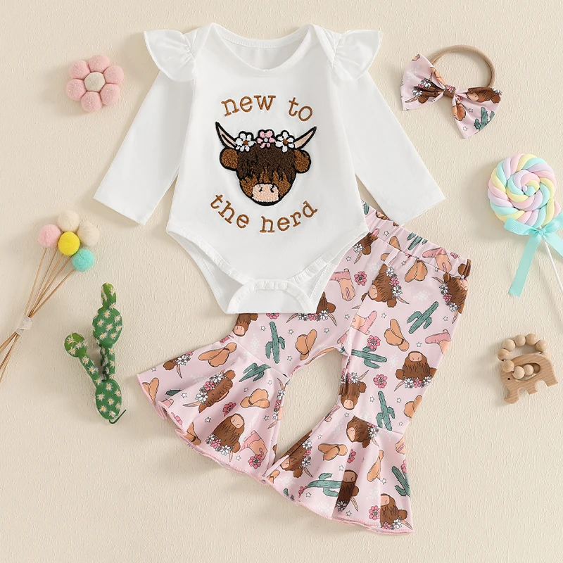 Baby Girls Fall Outfits with Bow Headband Farm Elements Crew Neck Long Sleeve Rompers with Flared Pants 3 Pcs Set