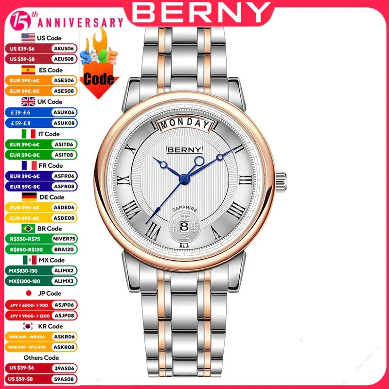 BERNY Women Watch Ladies Quartz Roman Numerals Day Date Calendar Watches Sapphire Glass Solid Steel Strap Women Wristwatch