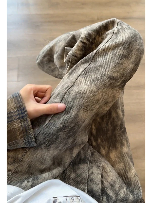 

American High Street Tie Dye Jeans Men's Clean Fit Straight Casual Pants Summer Youth Faion Loose Straight Tube Long Trousers