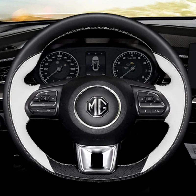 hand sewn Braid Car Steering Wheel Cover black white Genuine Leather Car Accessories For MG ZS HS GS 5 6 RX5 ZST ZS EV 2017-2023