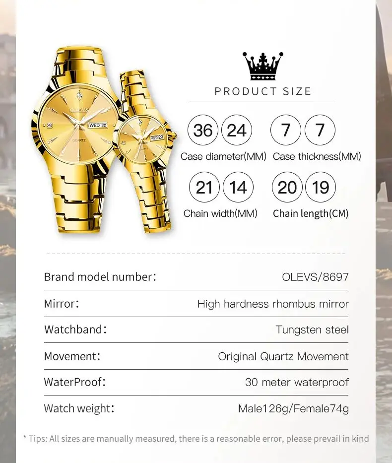 OLEVS 8697 Luxury Quartz Couple Watch Dual Calendar Waterproof Watches Tungsten Steel Strap Rhombus Mirror Watch For Men Women