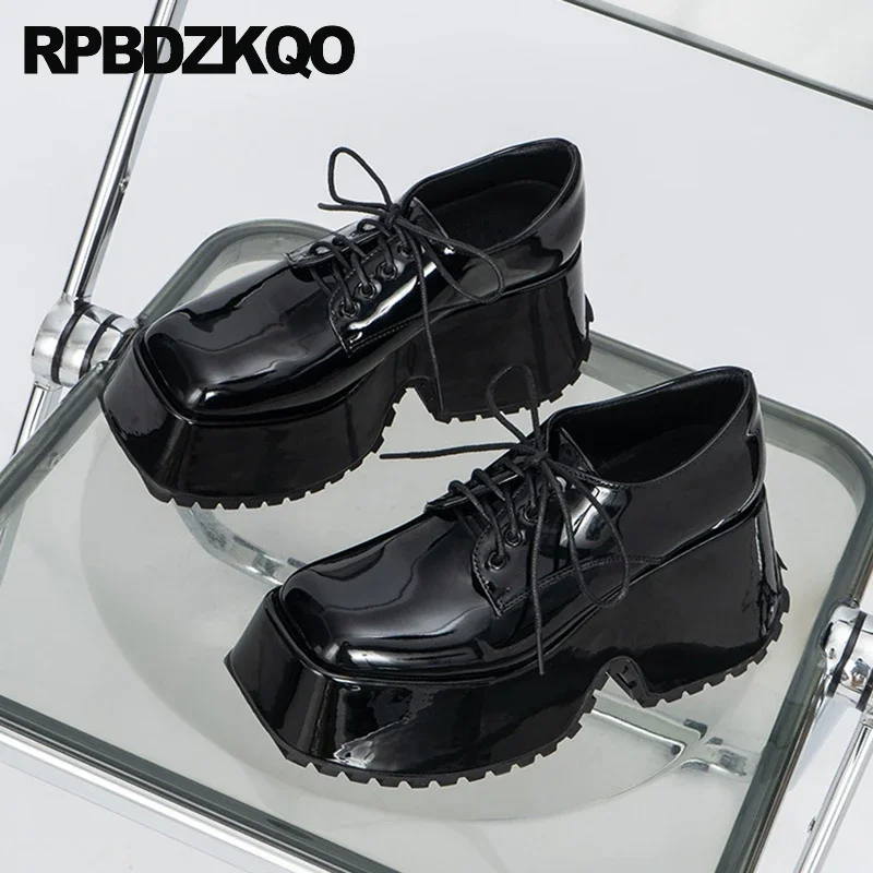 Shoes Walking 34 Y2k High Heels Derby Harajuku Oxfords Patent Leather Chunky Square Toe Women Lace Up Platform Lightweight Pumps