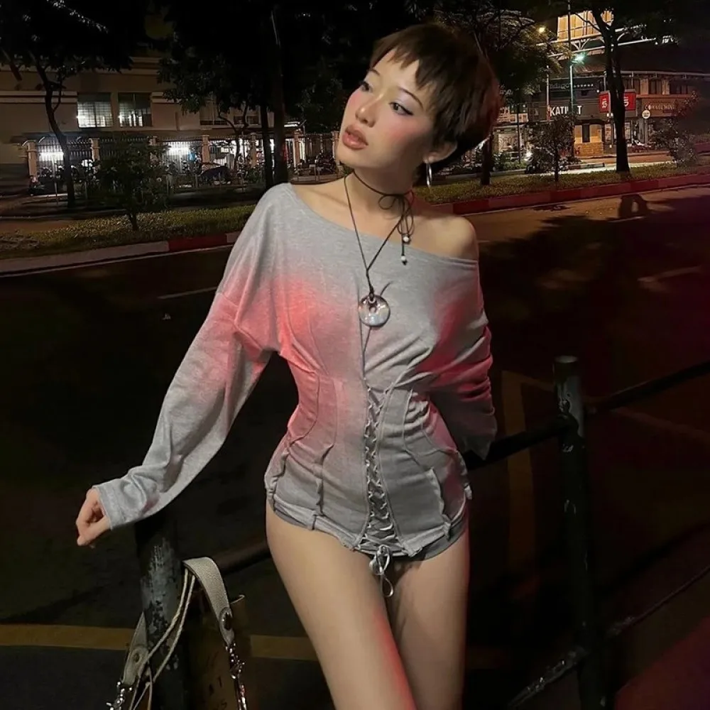 تي شيرتات عصرية غير رسمية من SylCue للسيدات بياقة منحرفة مكشوفة الأكتاف وأكمام طويلة وتصميم برباط يومي وبسيط ومتعدد الاستخدامات