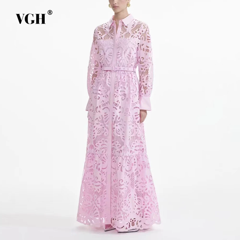 

VGH Elegant Hollow Out Solid Dresses For Women Lapel Long Sleeve High Waist Patchwork Belt Temperament Dress Female Fashion New