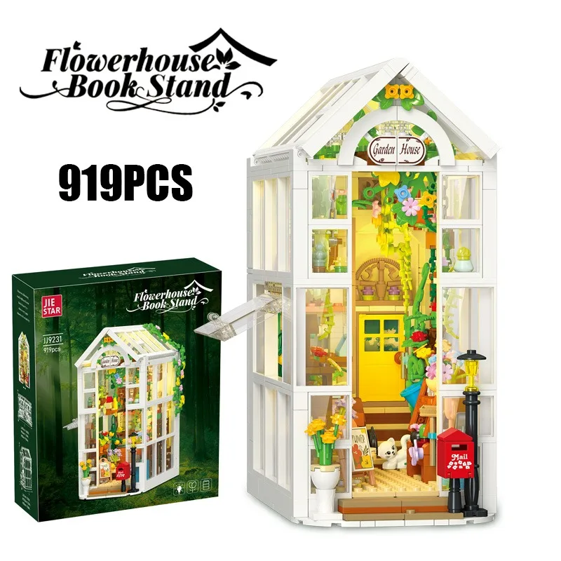

919PCS Creative Street View Series Flower House Book Stand Model Building Blocks With LED Light Construction Bricks Toy Gift