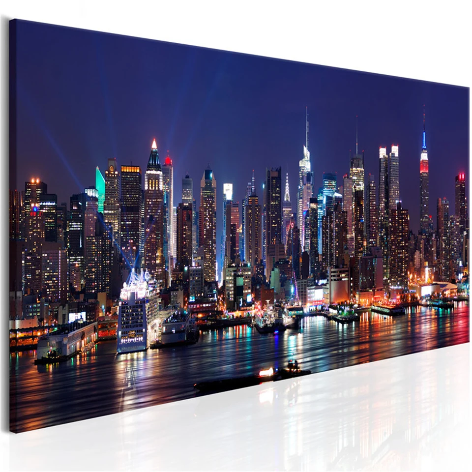 Wall Art Canvas Painting Pictures Poster 1 Set New York Building Night Scene Poster Modern Prints Home Decor Bedside Background