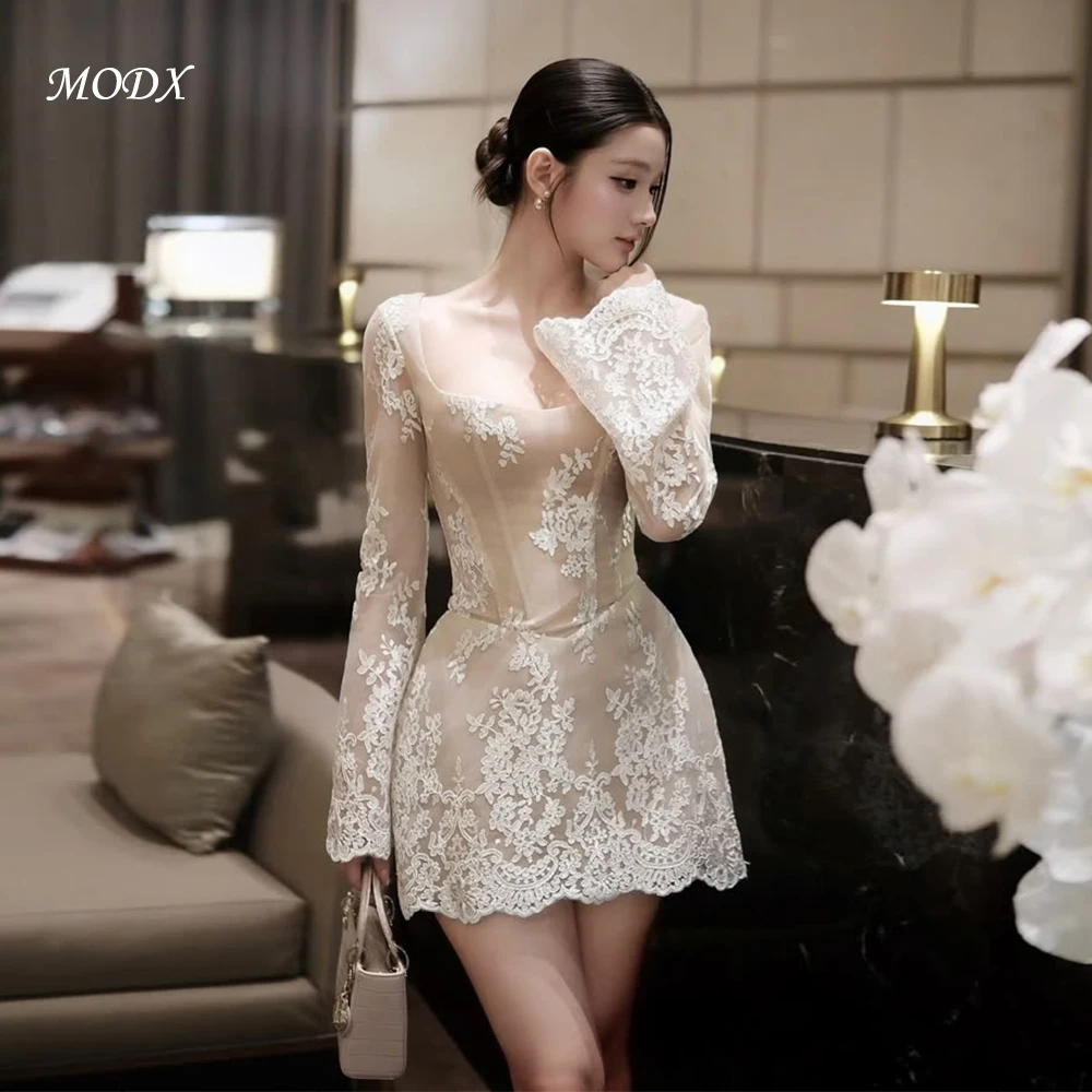 MODX Elegant Ivory Lace Mini Wedding Dress Long Sleeve Square Neck Sheer Overlay A Line Bridal Gown For Civil Ceremony Reception