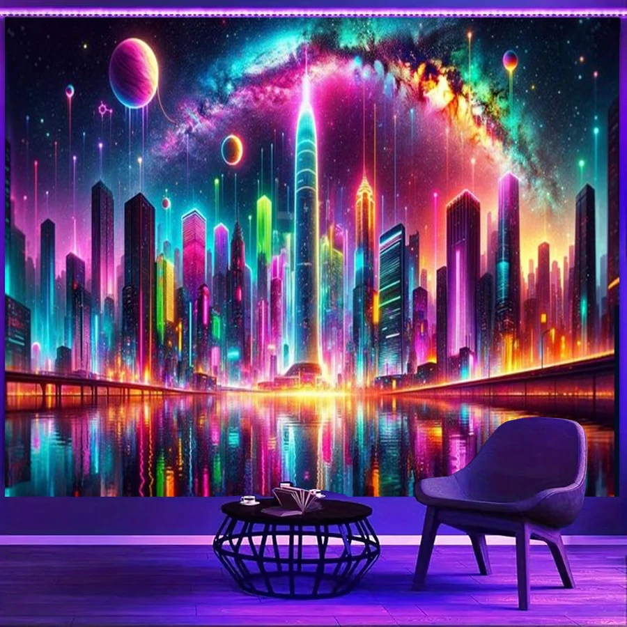 1PC Cyberpunk City Galaxy Art Print Backdrop Banner, Bedroom Living Room Photo Background, Polyester, Home Decor, Wall Art