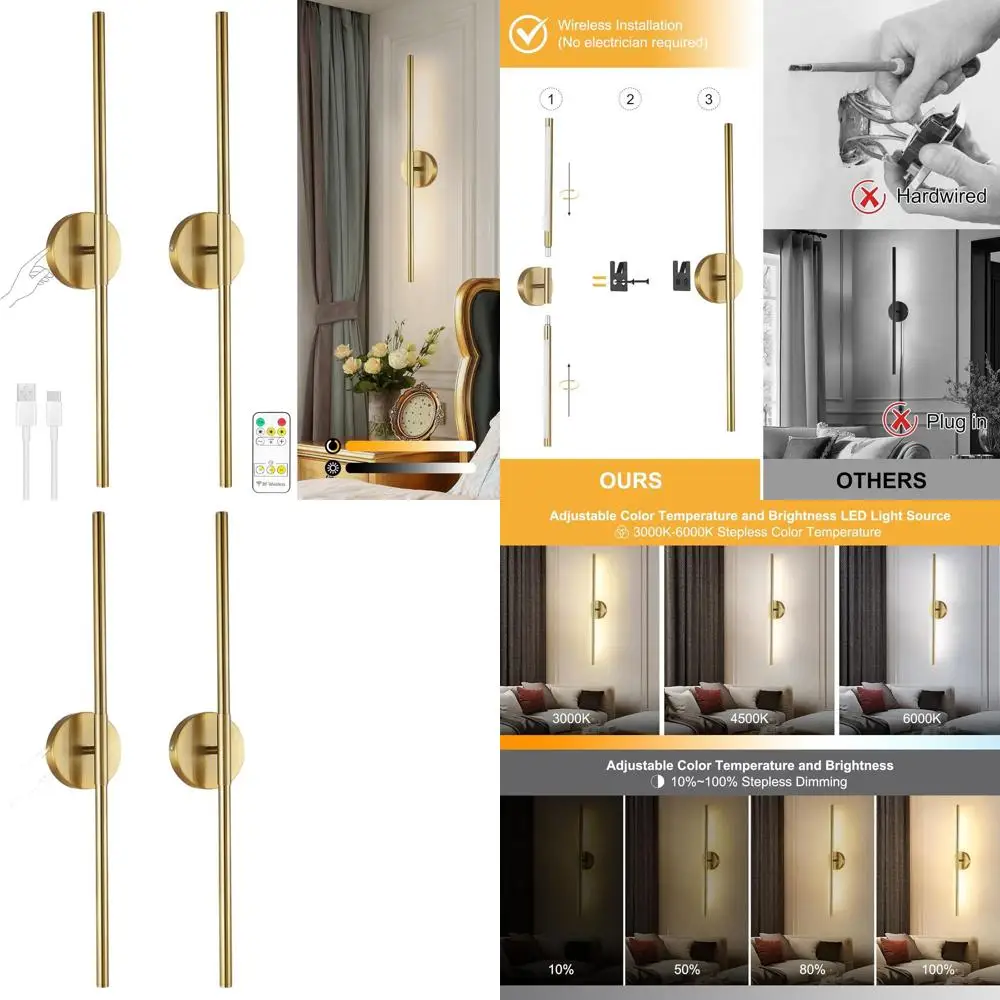 

Перезаряжаемые светодиодные настенные бра с пультом дистанционного управления, золотые светильники с регулируемой яркостью на батарейках, набор из 2 шт., 3 варианта цвета, 28 для домашнего декора