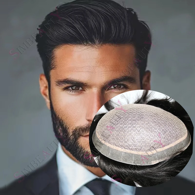 قمة حريرية للرجال غير قابلة للاكتشاف، شعر بشري أسود طبيعي، قاعدة حريرية من البولي يوريثان، نظام استبدال الشعر، قطعة شعر واقعية لفروة الرأس
