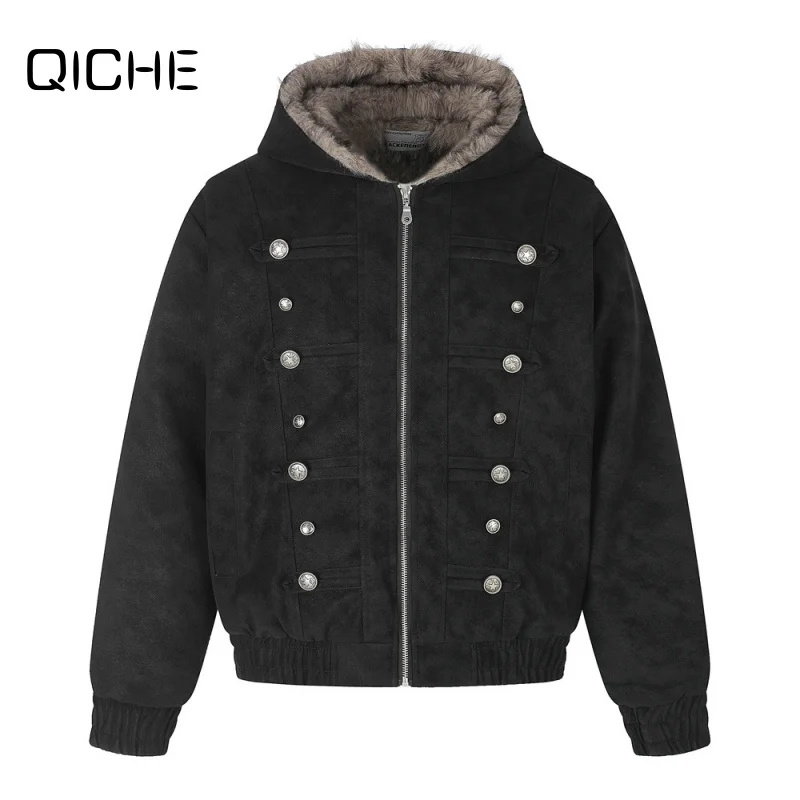 QICHE Winter Double Breasted PU Leather Cotton Jacket for Men, Thick Faux Mink Fur Hooded Warm Cold Proof Coat