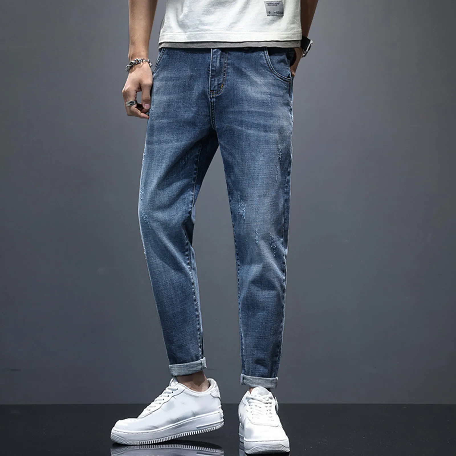 Mens Autumn Winter Casual Pant Sports Pants With Pocket Fashion Jeans Nine Points Pants Casual Slip