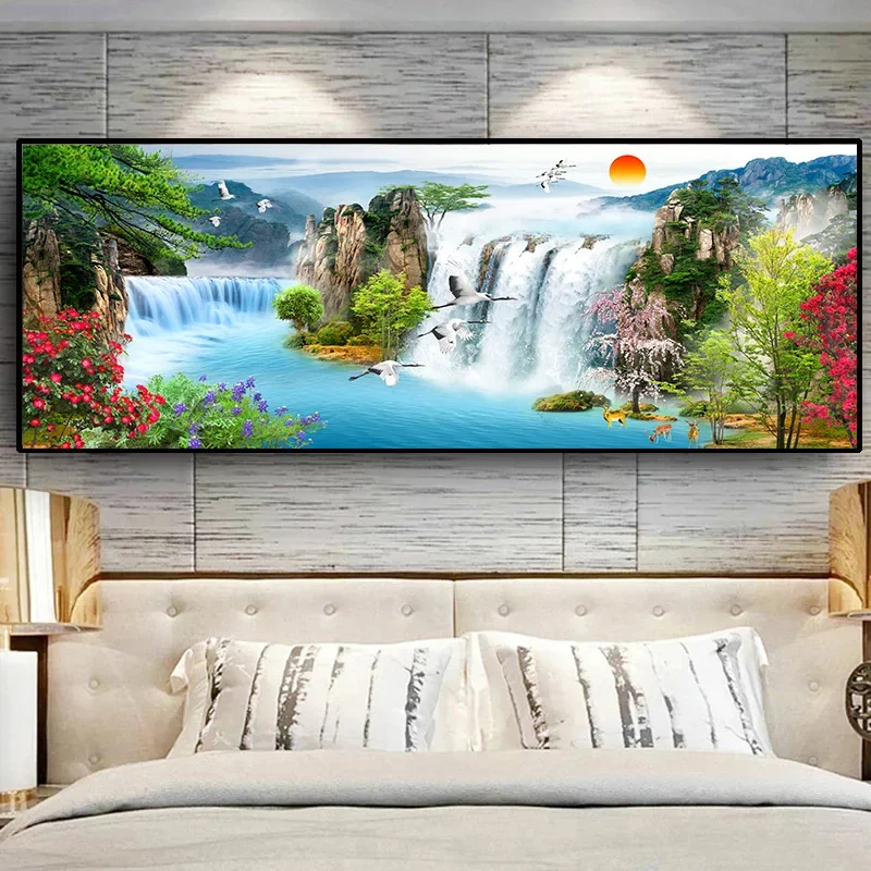 Sunburst Diamond Cross Stitch Living Room Bedroom Home Deceor Landscape Waterfall Painting DIY 5d Full Diamond Painting Kits