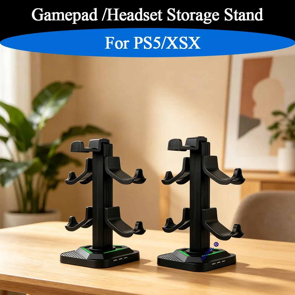 1PCS For PS5 Versatile LED Light Strip Controller Holder Gamepad/Headset Storage Stand with 3 USB Ports For XSX Game Accessories