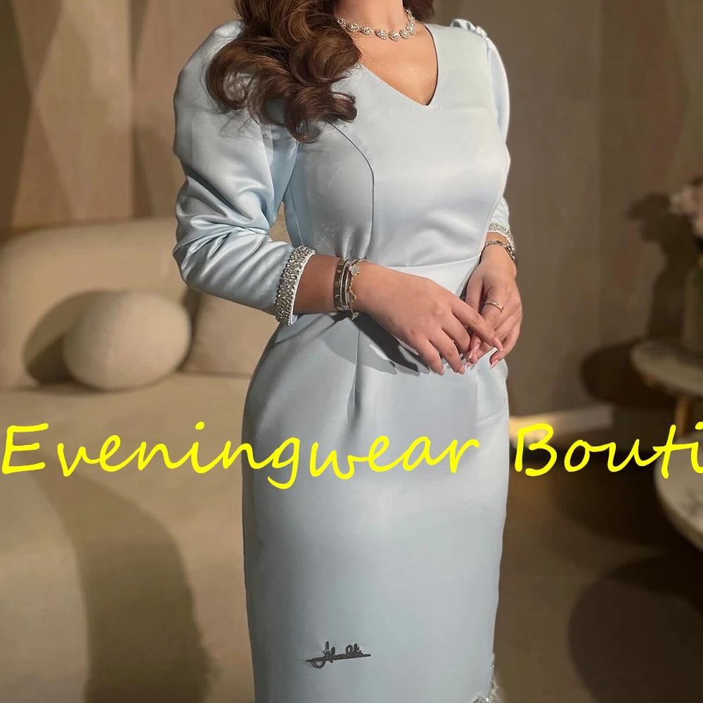 Customized Delicate Straight Ankle Length V-Neck Jersey Long Sleeves Feathers Crystal Evening Dress Classic vestidos para mujer