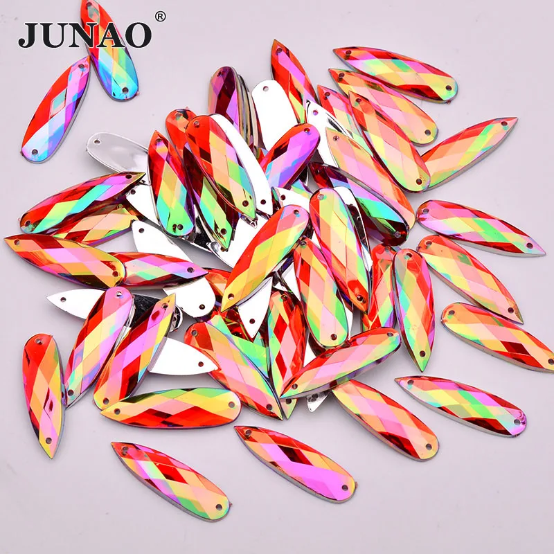 JUNAO 8*28mm 30pcs Sewing Red AB Drops Rhinestone Flatback Stones Sewn Acrylic Crystal Strass Applique for DIY Clothes Crafts