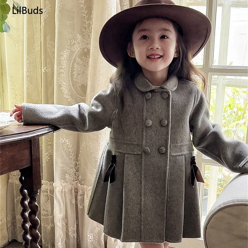 2024 Children Vintage 100% Wool Handmade Outdoor Korean Kids Girl's Double Cashmere Coat Grey Brown Pleated Outerwear Winter