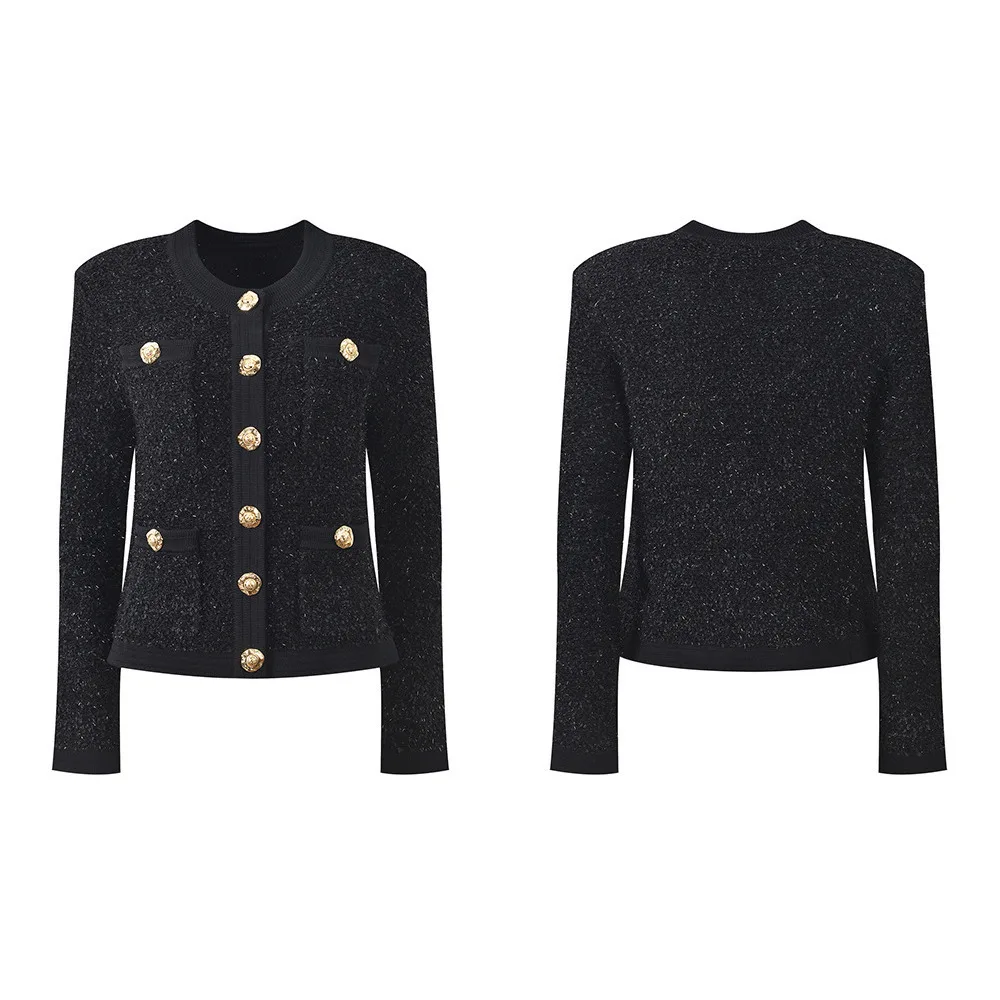 CHUJIE 2025 Otoño Invierno nuevo estilo francés cuello redondo botón de Metal cuatro bolsillos abrigo elegante moda versátil Top