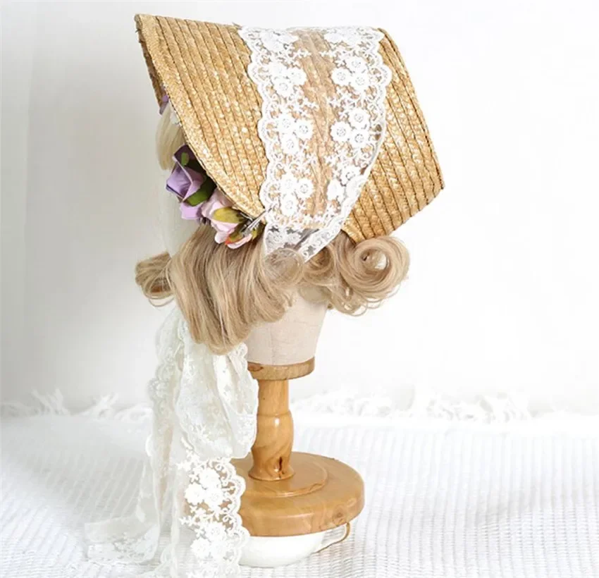 Tea Party Lolita Straw Hat Flat hat Bonnet Handmade Mori Girl Gorgeous Elegant Princess Beach Summer Bnt