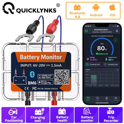 QUICKLYNKS BM6 12V Battery Monitory Wireless Bluetooth Car Battery Health Check APP Monitoring Battery Tester For Android IOS