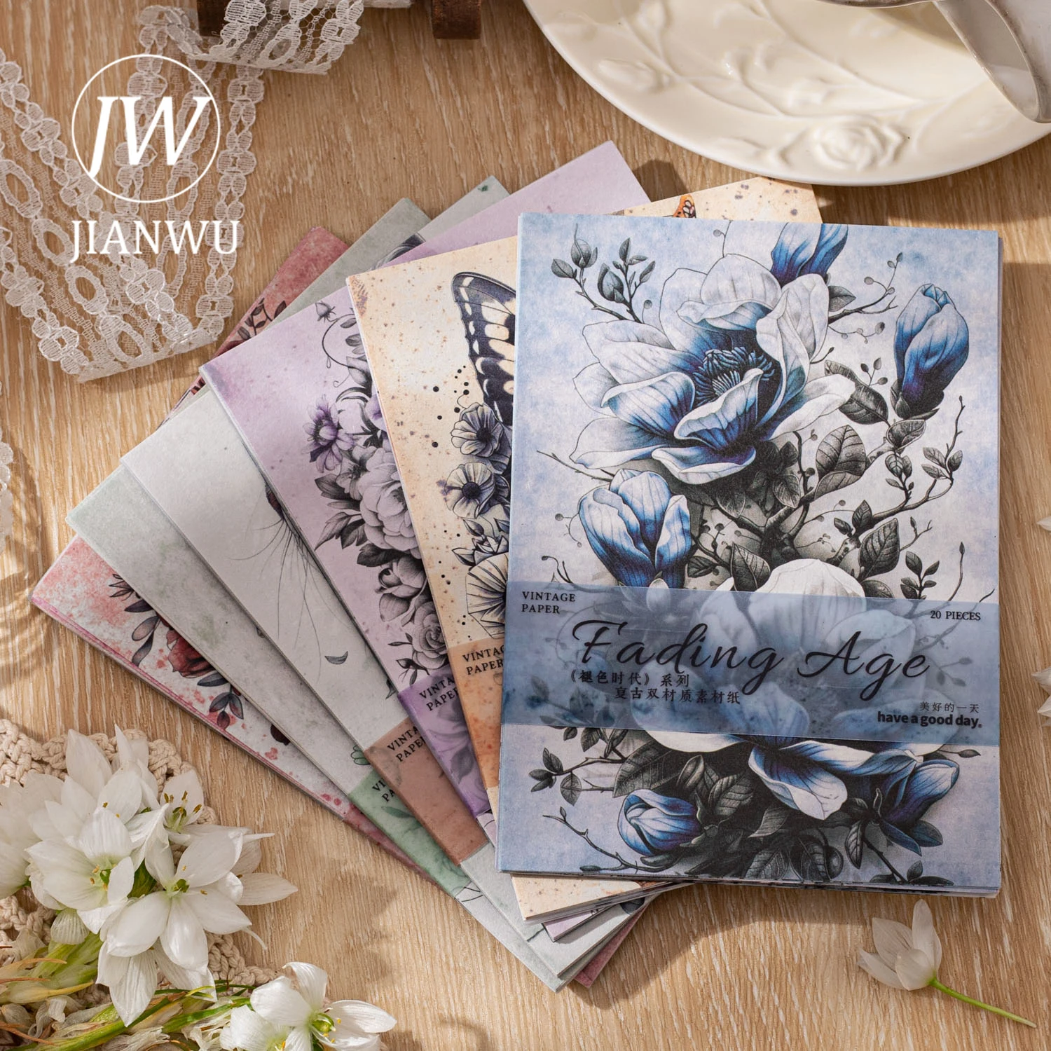 JIANWU 20 Sheets Fading Age Series Vintage Flower Character Collage Material Paper Creative DIY Junk Journal Stationery