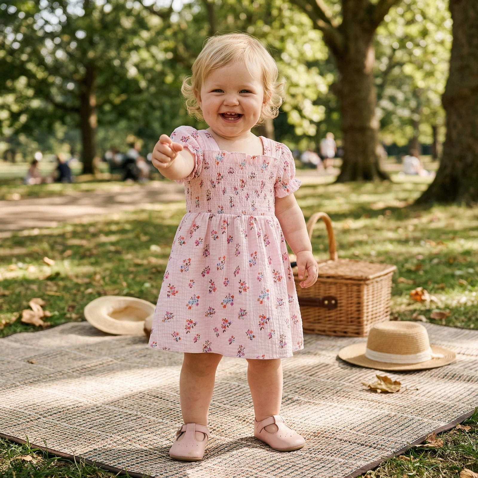 Kinderkleid für Mädchen, kurzärmeliges Sommerkleid mit quadratischem Ausschnitt und plissiertem Blumenmuster