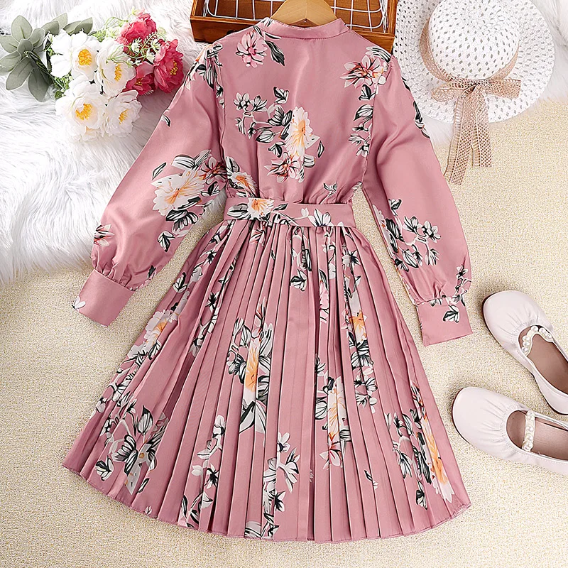 Dress Kids Girls 8-12 Years Pink Printed Long-Sleeved Pleated Dress For Girls Elegant Vacation Holiday Party Dress