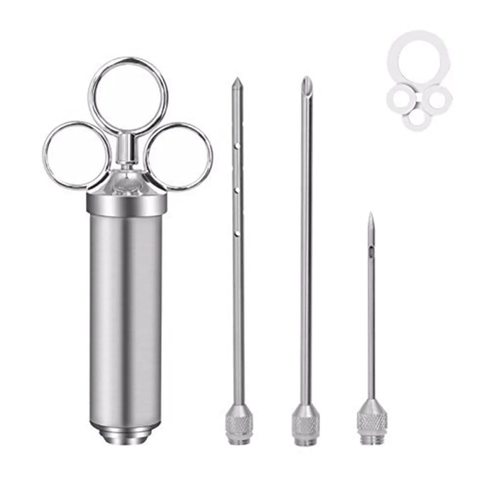 Marinade Meat Injector, Stainless Steel BBQ Injector Syringe, 2 Ounce Capacity with 6 Needles Silicone Brush