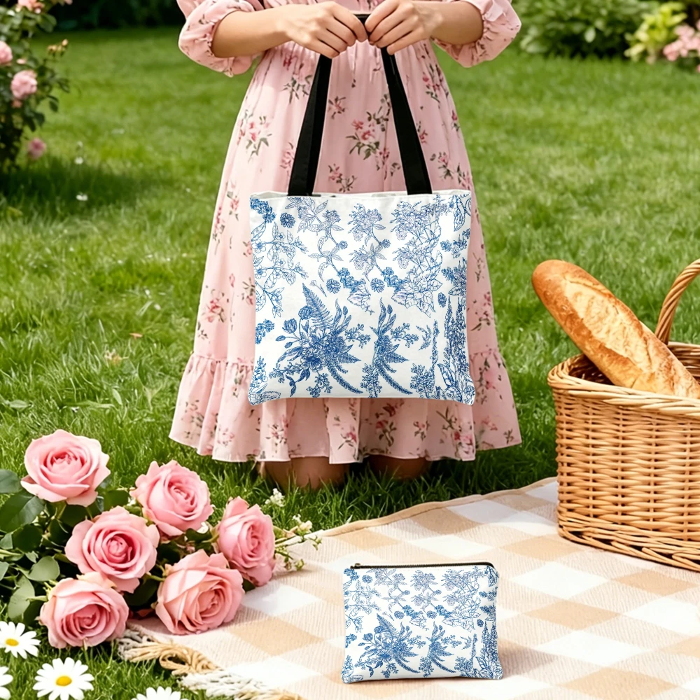 Floral Print Handbag Blue And White Botanical Pattern Tote Bags And Makeup Bag Combination Use Women Shopping Portable Pouch