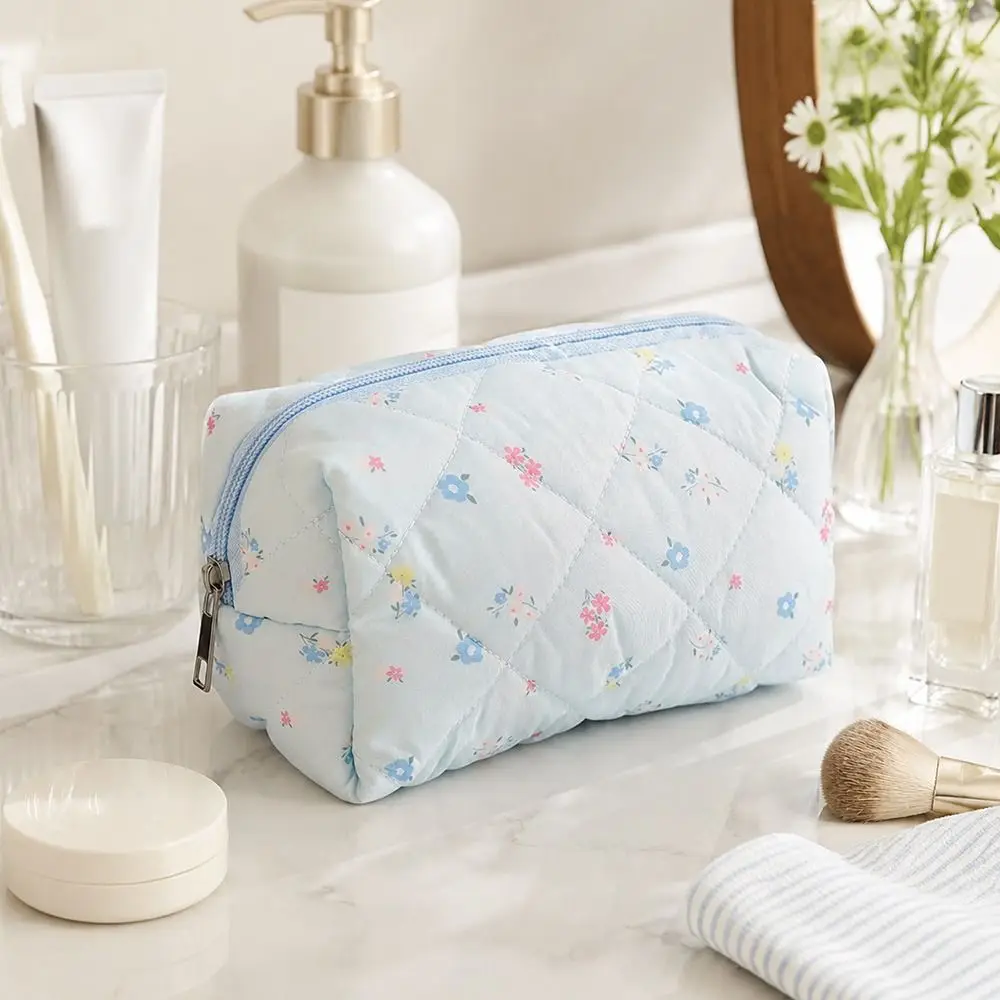 INS Soft Cotton Makeup Bag Quilted Floral Print Large Capacity Cosmetic Pouch Makeup Organizer Skincare & Beauty Essentials